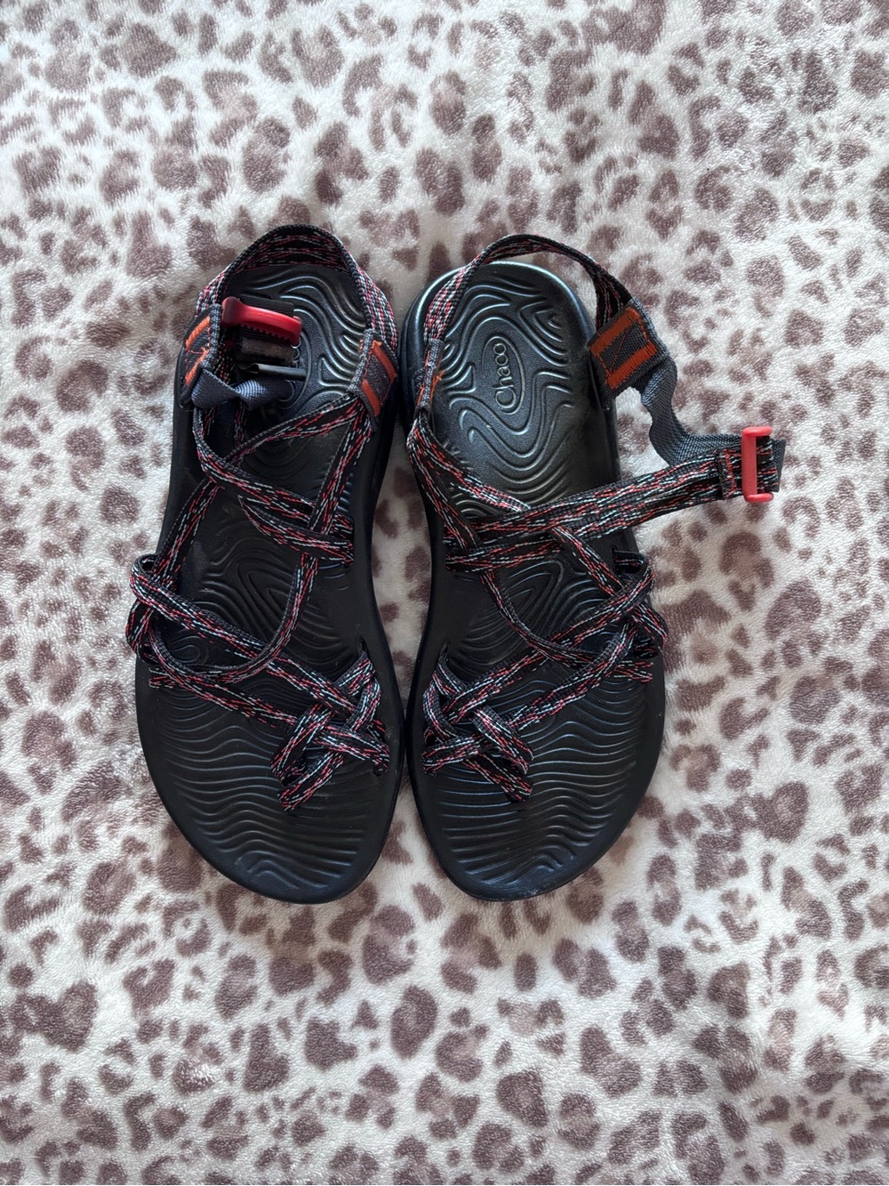 Chaco Black Sandals with Red and Blue Accent Straps